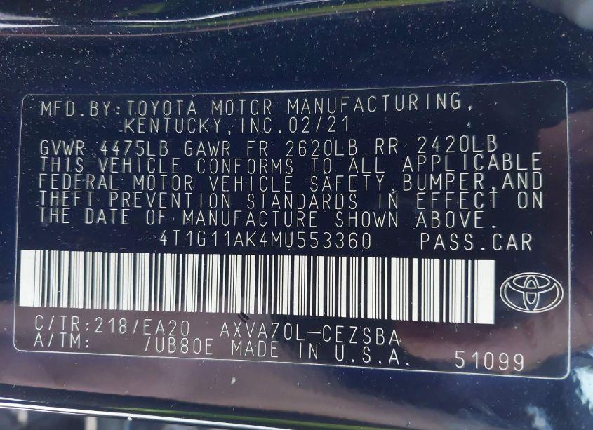 Photo 9 of 2021 Toyota Camry SE (VIN 4T1G11AK4MU553360)