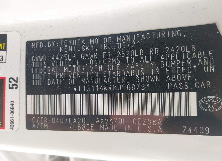 Photo 9 of 2021 Toyota Camry SE (VIN 4T1G11AK4MU568781)