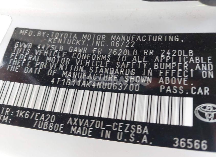 Photo 9 of 2022 Toyota Camry SE (VIN 4T1G11AK4NU063700)