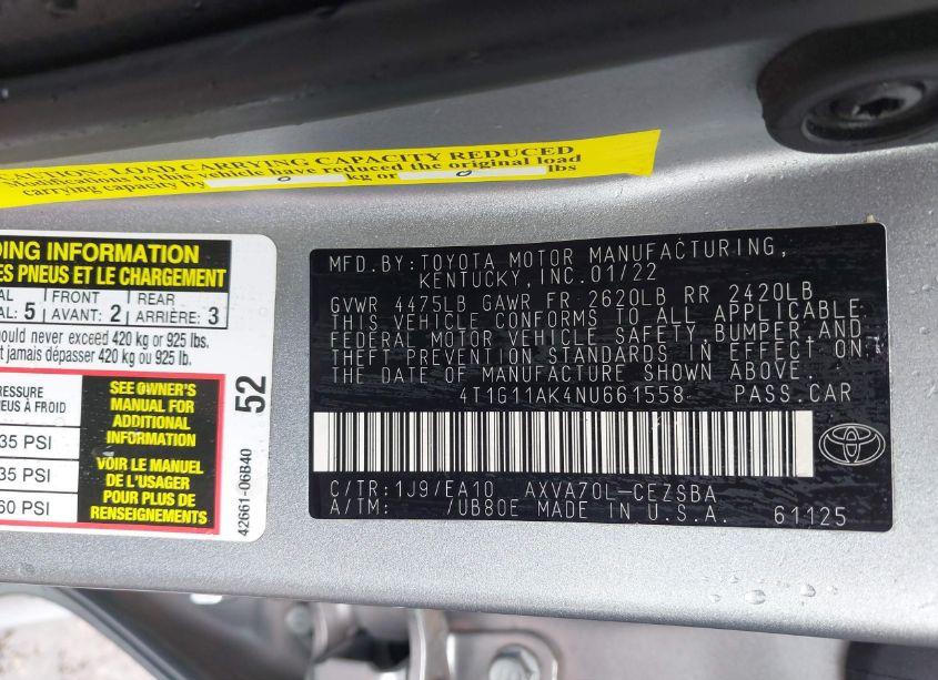 Photo 9 of 2022 Toyota Camry SE (VIN 4T1G11AK4NU661558)