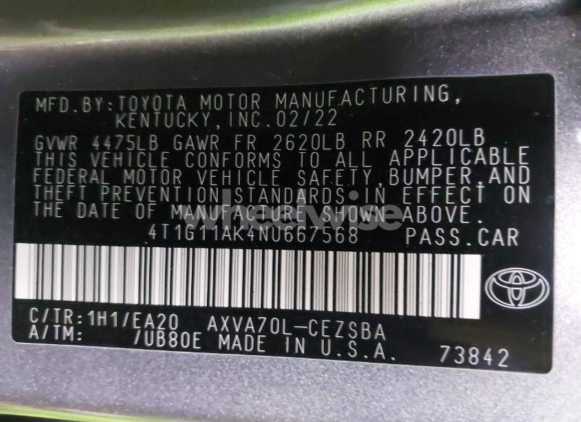 Photo 9 of 2022 Toyota Camry SE (VIN 4T1G11AK4NU667568)