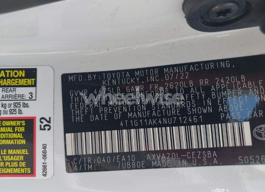 Photo 9 of 2022 Toyota Camry SE (VIN 4T1G11AK4NU712461)