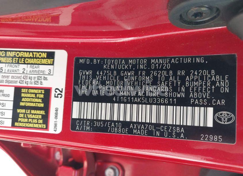 Photo 9 of 2020 Toyota Camry SE (VIN 4T1G11AK5LU336611)