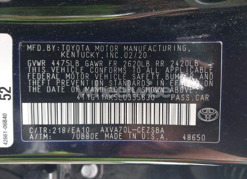 Photo 9 of 2020 Toyota Camry SE (VIN 4T1G11AK5LU355630)