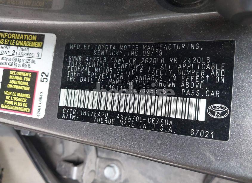 Photo 9 of 2020 Toyota Camry SE (VIN 4T1G11AK5LU869316)