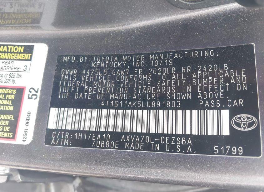 Photo 9 of 2020 Toyota Camry SE (VIN 4T1G11AK5LU891803)