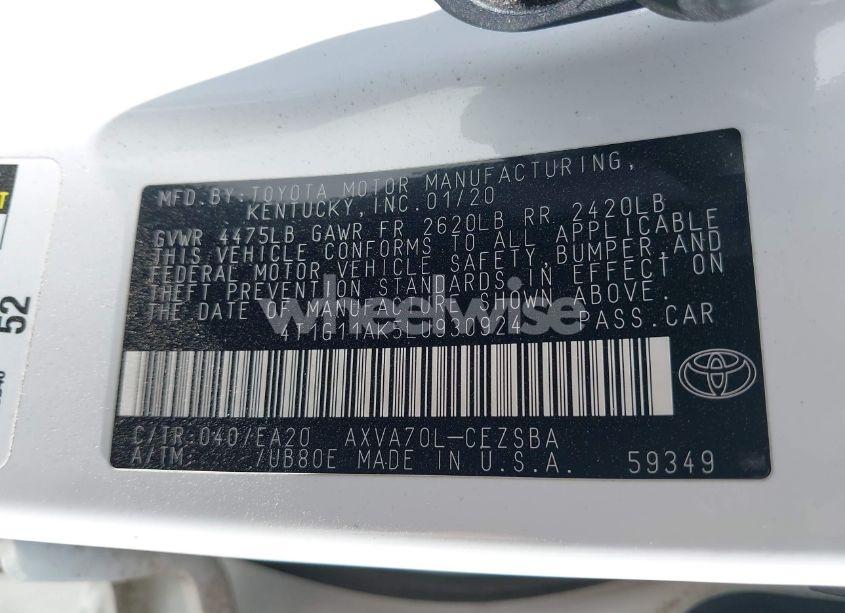 Photo 9 of 2020 Toyota Camry SE (VIN 4T1G11AK5LU930924)