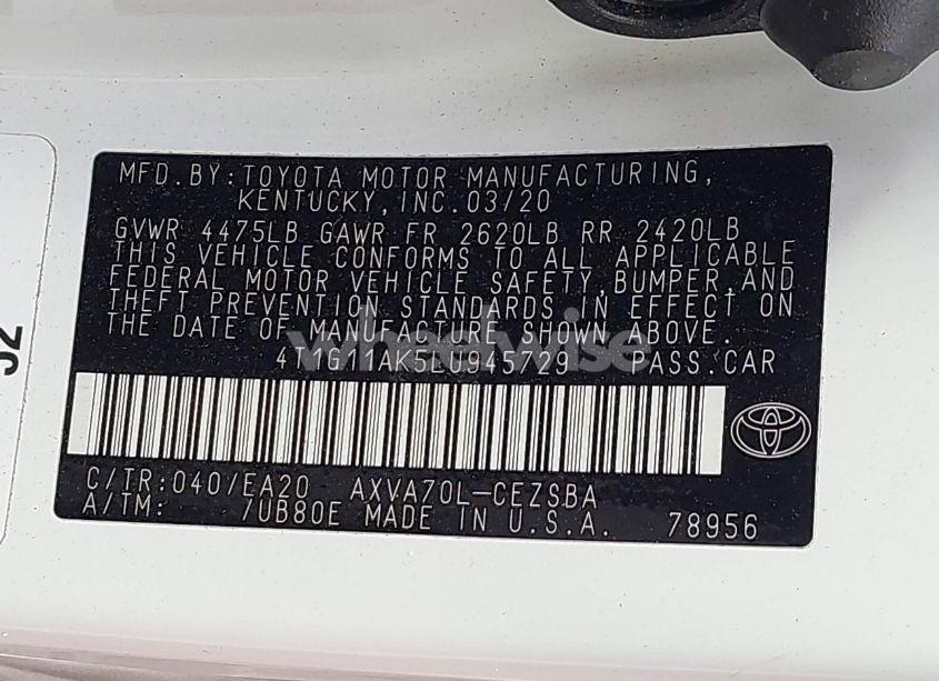 Photo 9 of 2020 Toyota Camry SE (VIN 4T1G11AK5LU945729)