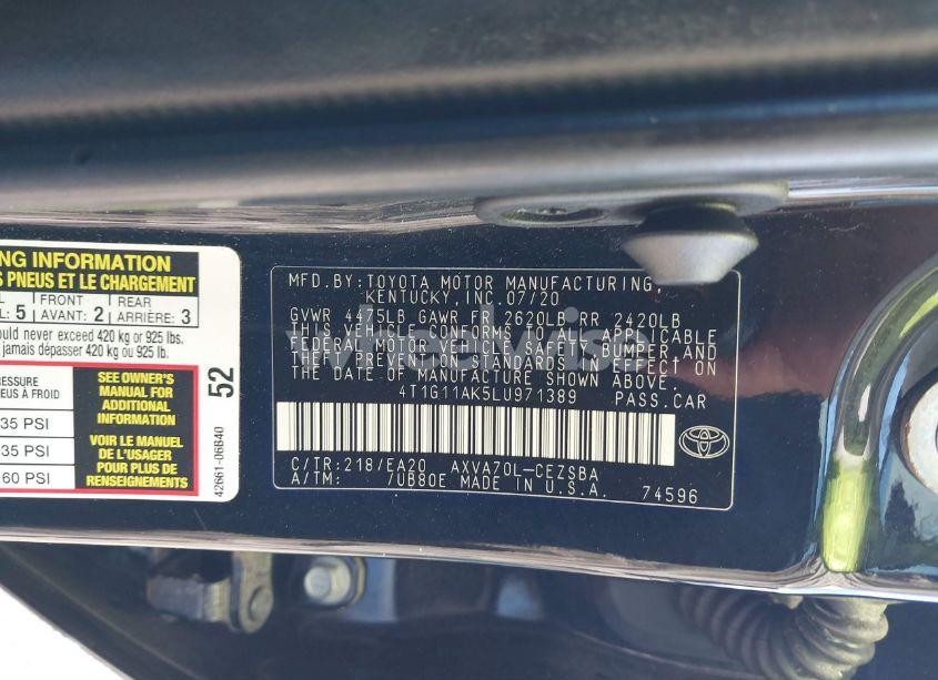 Photo 9 of 2020 Toyota Camry SE (VIN 4T1G11AK5LU971389)