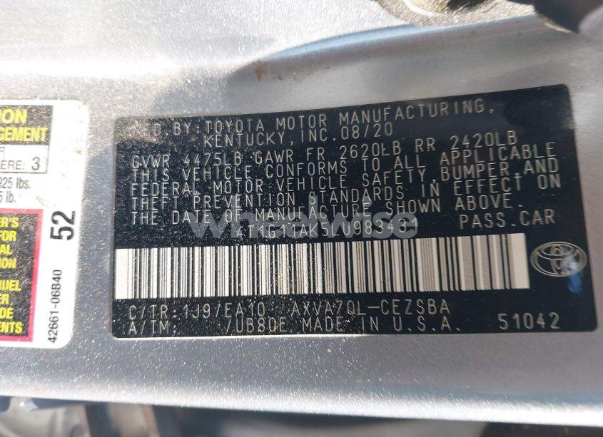 Photo 9 of 2020 Toyota Camry SE (VIN 4T1G11AK5LU983431)