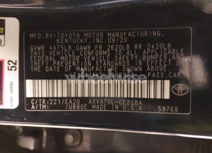 Photo 9 of 2020 Toyota Camry SE (VIN 4T1G11AK5LU988970)