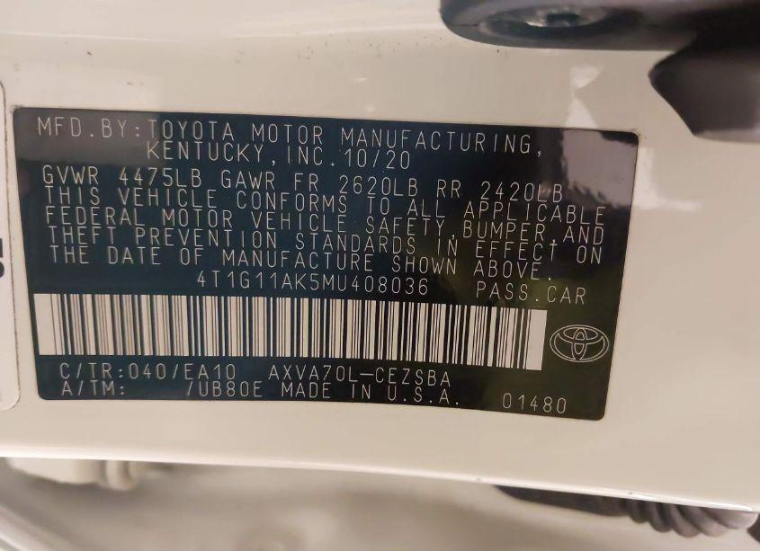 Photo 9 of 2021 Toyota Camry SE (VIN 4T1G11AK5MU408036)