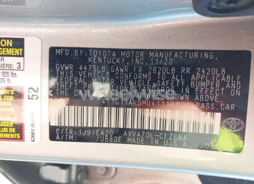 Photo 9 of 2021 Toyota Camry SE (VIN 4T1G11AK5MU411101)