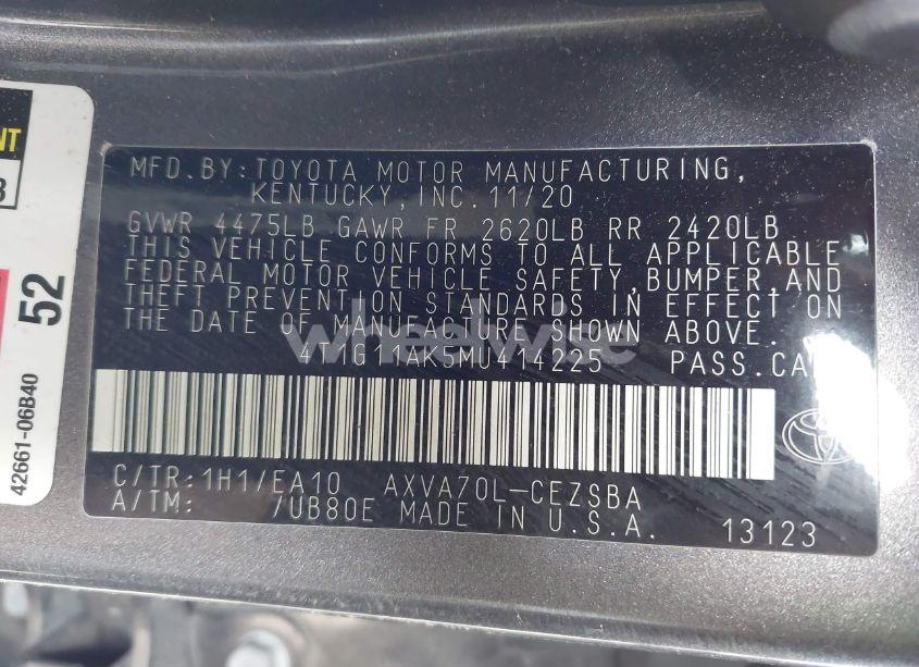 Photo 9 of 2021 Toyota Camry SE (VIN 4T1G11AK5MU414225)