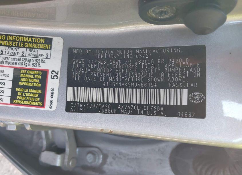 Photo 9 of 2021 Toyota Camry SE (VIN 4T1G11AK5MU466194)