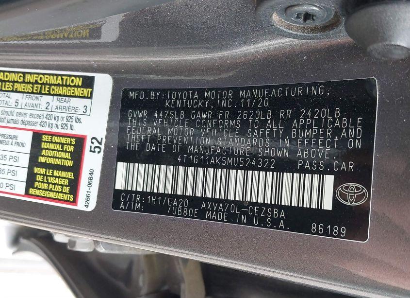 Photo 9 of 2021 Toyota Camry SE (VIN 4T1G11AK5MU524322)