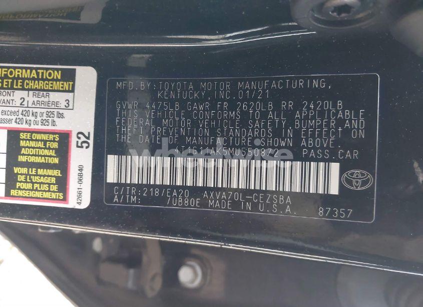 Photo 9 of 2021 Toyota Camry SE (VIN 4T1G11AK5MU550872)