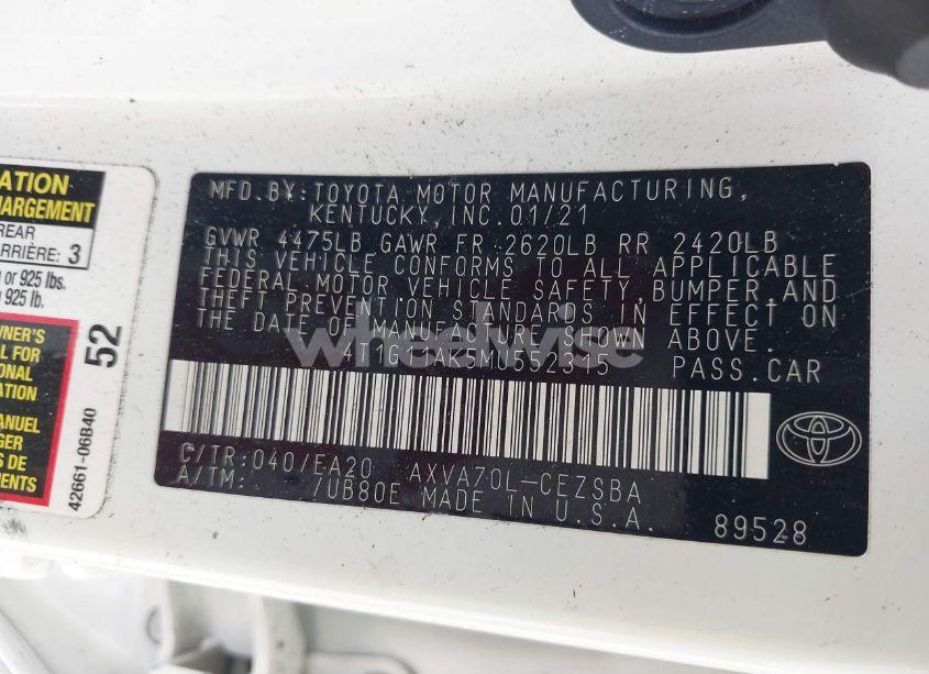 Photo 9 of 2021 Toyota Camry SE (VIN 4T1G11AK5MU552315)