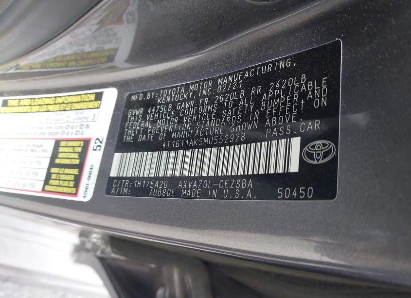 Photo 9 of 2021 Toyota Camry SE (VIN 4T1G11AK5MU552928)