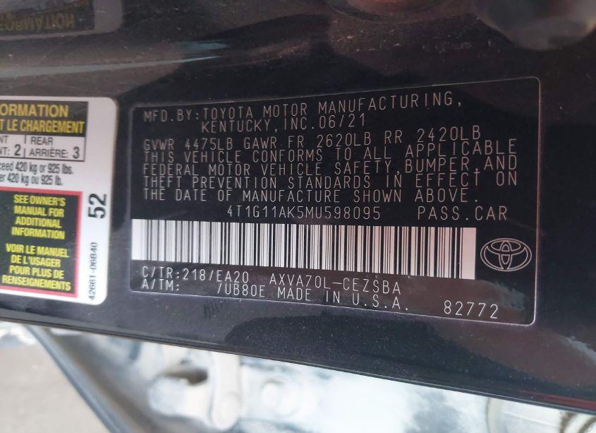 Photo 9 of 2021 Toyota Camry SE (VIN 4T1G11AK5MU598095)