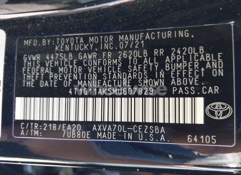 Photo 9 of 2021 Toyota Camry SE (VIN 4T1G11AK5MU607829)