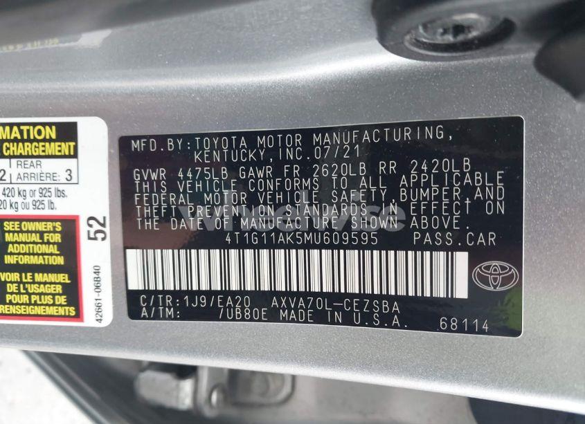 Photo 9 of 2021 Toyota Camry SE (VIN 4T1G11AK5MU609595)