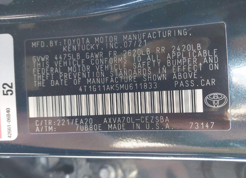 Photo 9 of 2021 Toyota Camry SE (VIN 4T1G11AK5MU611833)