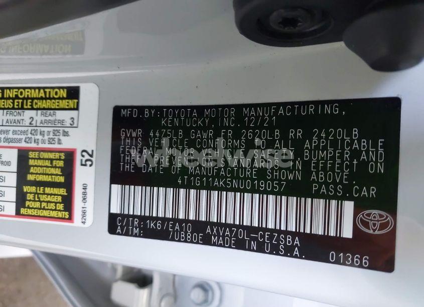 Photo 9 of 2022 Toyota Camry SE (VIN 4T1G11AK5NU019057)