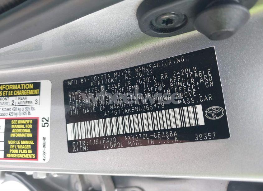 Photo 9 of 2022 Toyota Camry SE (VIN 4T1G11AK5NU065178)