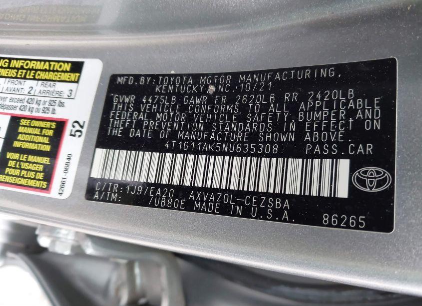 Photo 9 of 2022 Toyota Camry SE (VIN 4T1G11AK5NU635308)