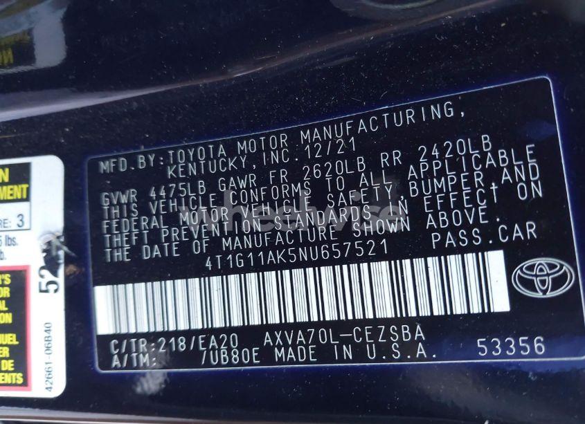 Photo 9 of 2022 Toyota Camry SE (VIN 4T1G11AK5NU657521)