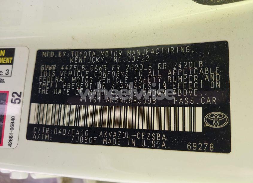 Photo 9 of 2022 Toyota Camry SE (VIN 4T1G11AK5NU683598)