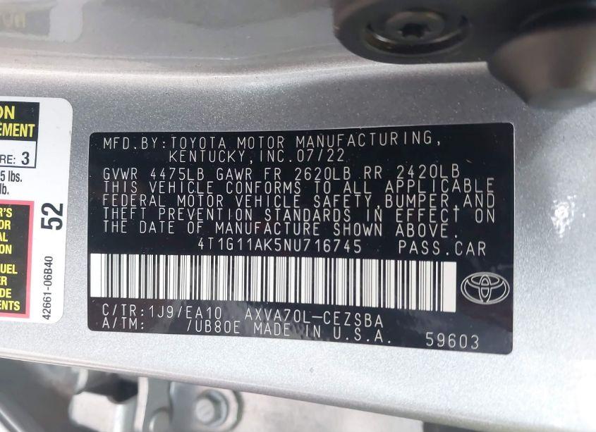 Photo 9 of 2022 Toyota Camry SE (VIN 4T1G11AK5NU716745)