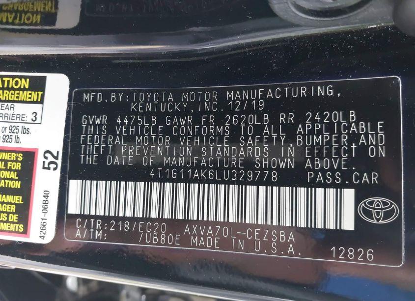 Photo 9 of 2020 Toyota Camry SE NIGHTSHADE EDITION (VIN 4T1G11AK6LU329778)