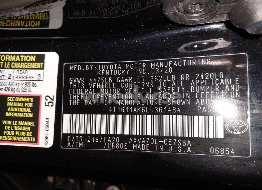 Photo 9 of 2020 Toyota Camry SE (VIN 4T1G11AK6LU361484)