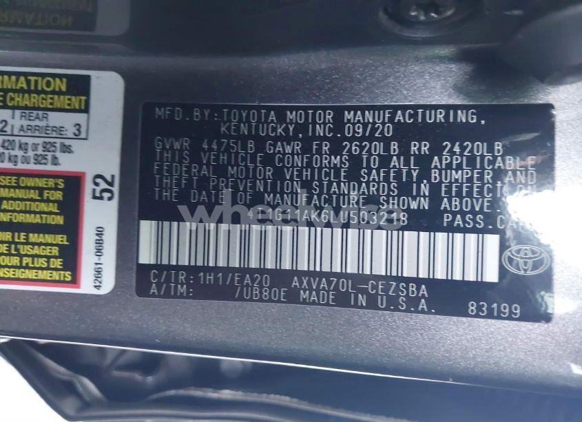 Photo 9 of 2020 Toyota Camry SE (VIN 4T1G11AK6LU503218)