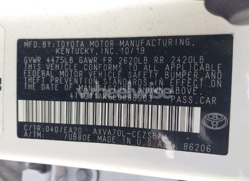 Photo 9 of 2020 Toyota Camry SE (VIN 4T1G11AK6LU886903)