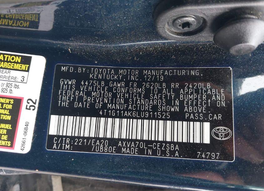 Photo 9 of 2020 Toyota Camry SE (VIN 4T1G11AK6LU911525)