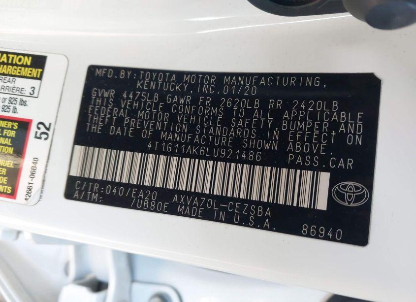 Photo 9 of 2020 Toyota Camry SE (VIN 4T1G11AK6LU921486)