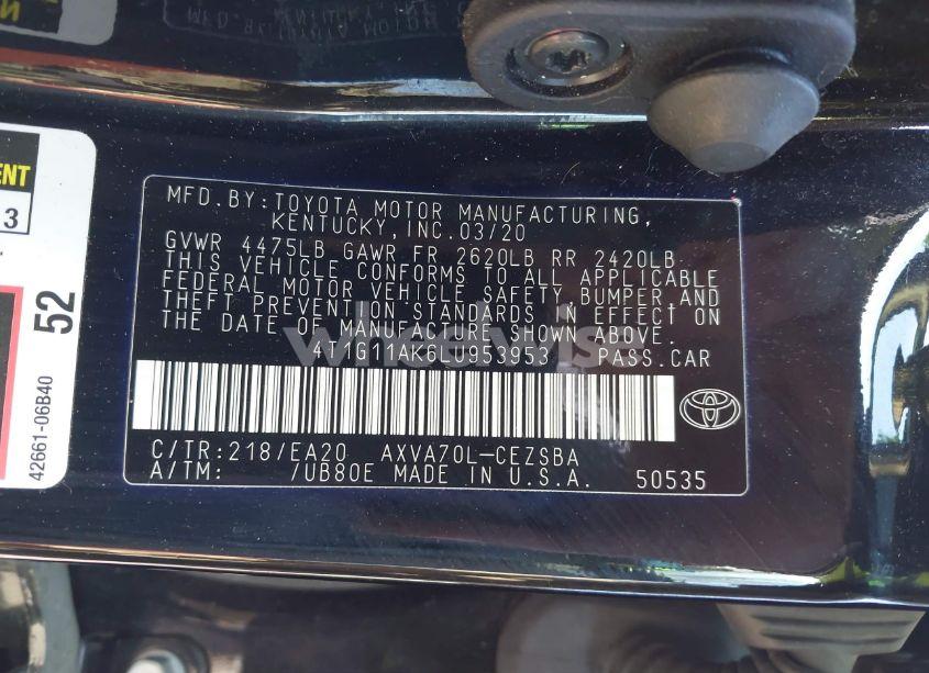 Photo 9 of 2020 Toyota Camry SE (VIN 4T1G11AK6LU953953)