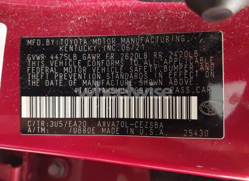 Photo 9 of 2021 Toyota Camry SE (VIN 4T1G11AK6MU479942)