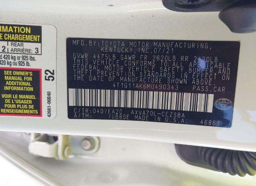 Photo 9 of 2021 Toyota Camry SE (VIN 4T1G11AK6MU490343)