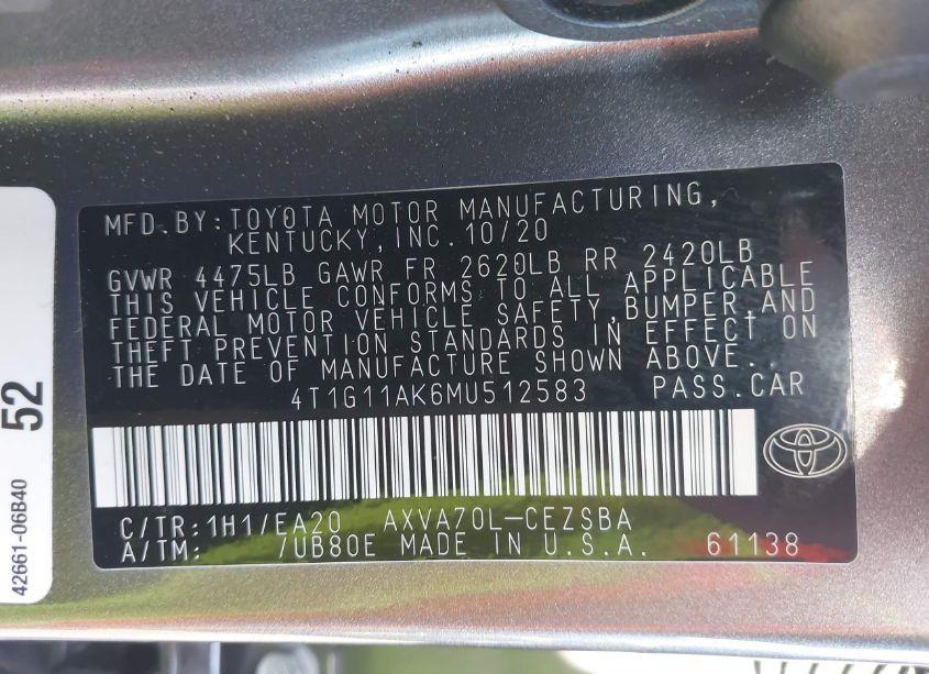 Photo 9 of 2021 Toyota Camry SE (VIN 4T1G11AK6MU512583)