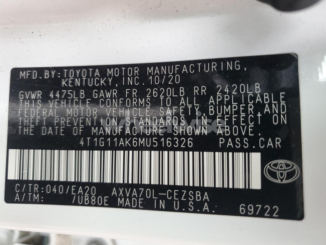 Photo 12 of 2021 TOYOTA CAMRY SE (VIN 4T1G11AK6MU516326)