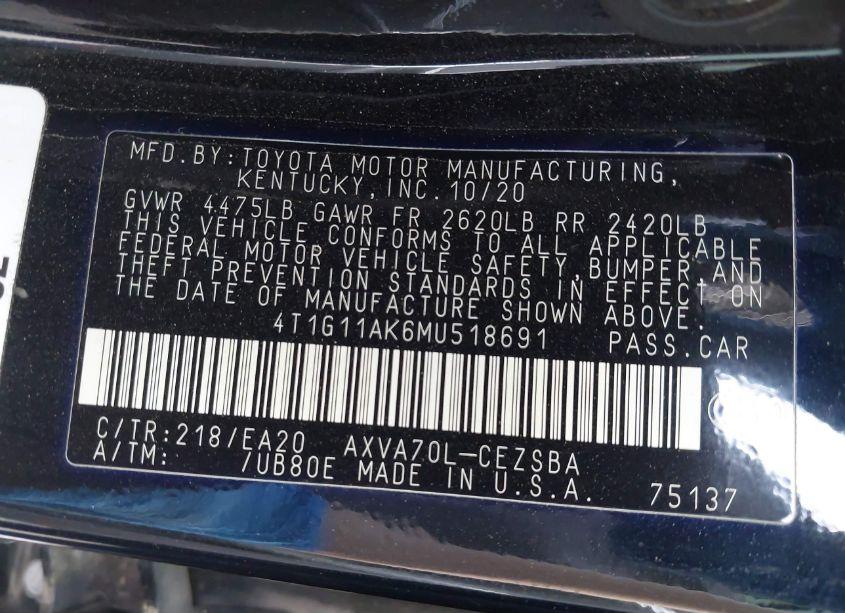 Photo 9 of 2021 Toyota Camry SE (VIN 4T1G11AK6MU518691)