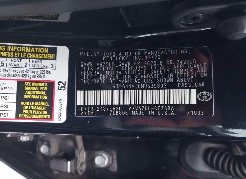 Photo 9 of 2021 Toyota Camry SE (VIN 4T1G11AK6MU539895)