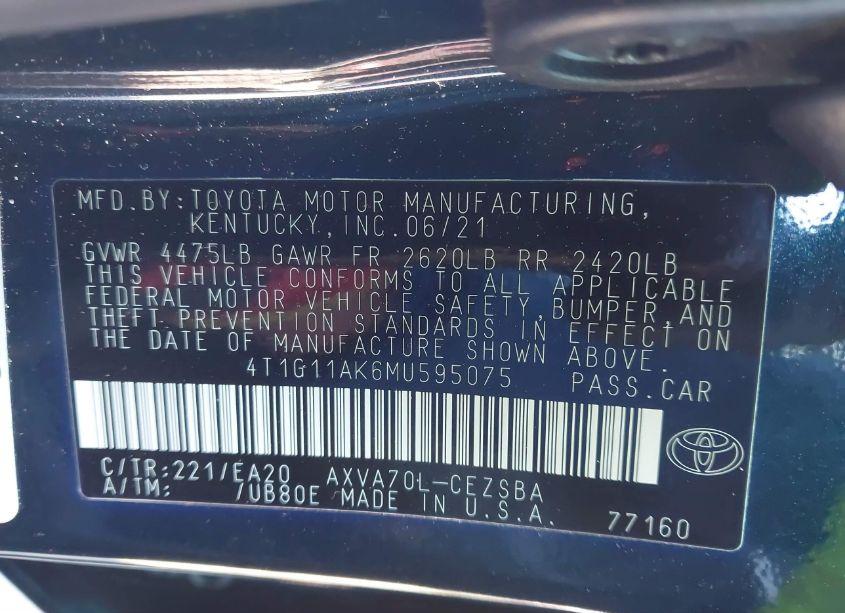 Photo 9 of 2021 Toyota Camry SE (VIN 4T1G11AK6MU595075)