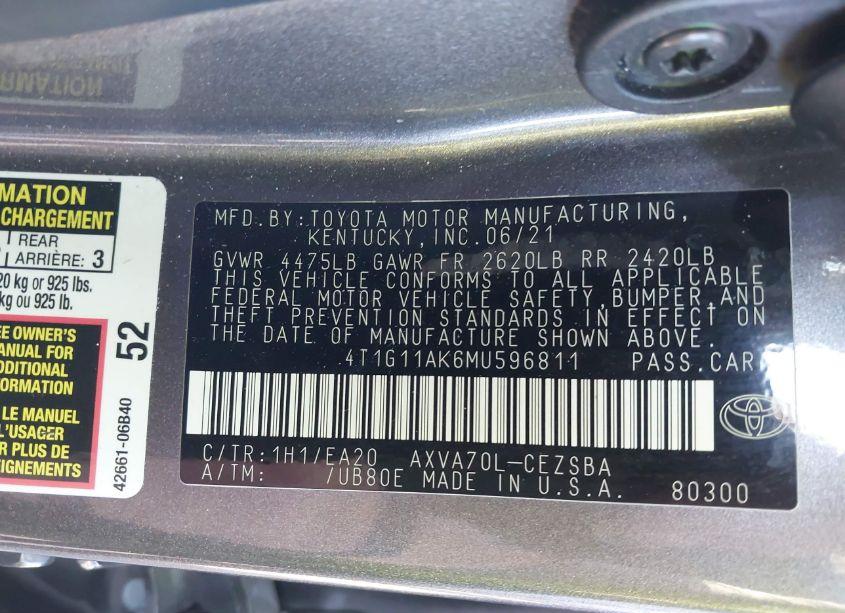 Photo 9 of 2021 Toyota Camry SE (VIN 4T1G11AK6MU596811)