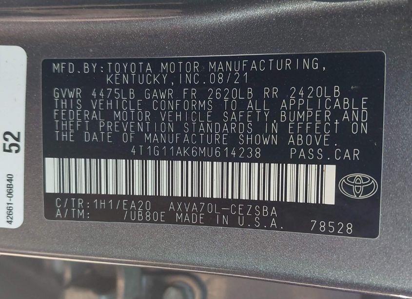 Photo 9 of 2021 Toyota Camry SE (VIN 4T1G11AK6MU614238)