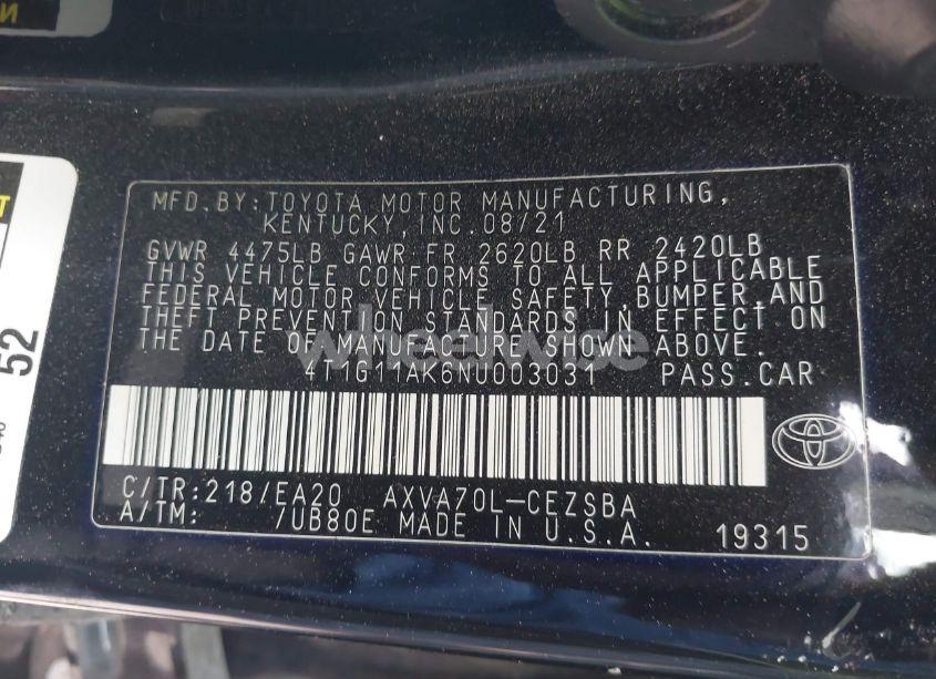 Photo 9 of 2022 Toyota Camry SE (VIN 4T1G11AK6NU003031)